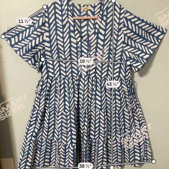 Adrift Blue Herringbone Tiered Swing Dress Babydoll Boho Prairie Cottagecore 2XL - Picture 7 of 7